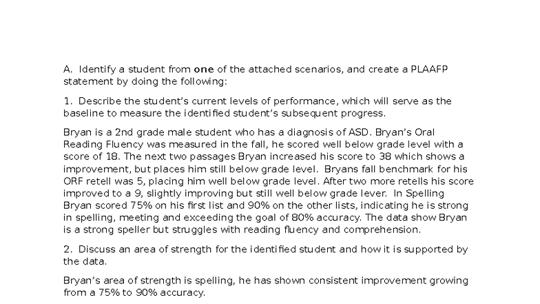 D230 Task 1 - Creating a PLAAFP Statement and IEP Goals for Bryan - Studocu