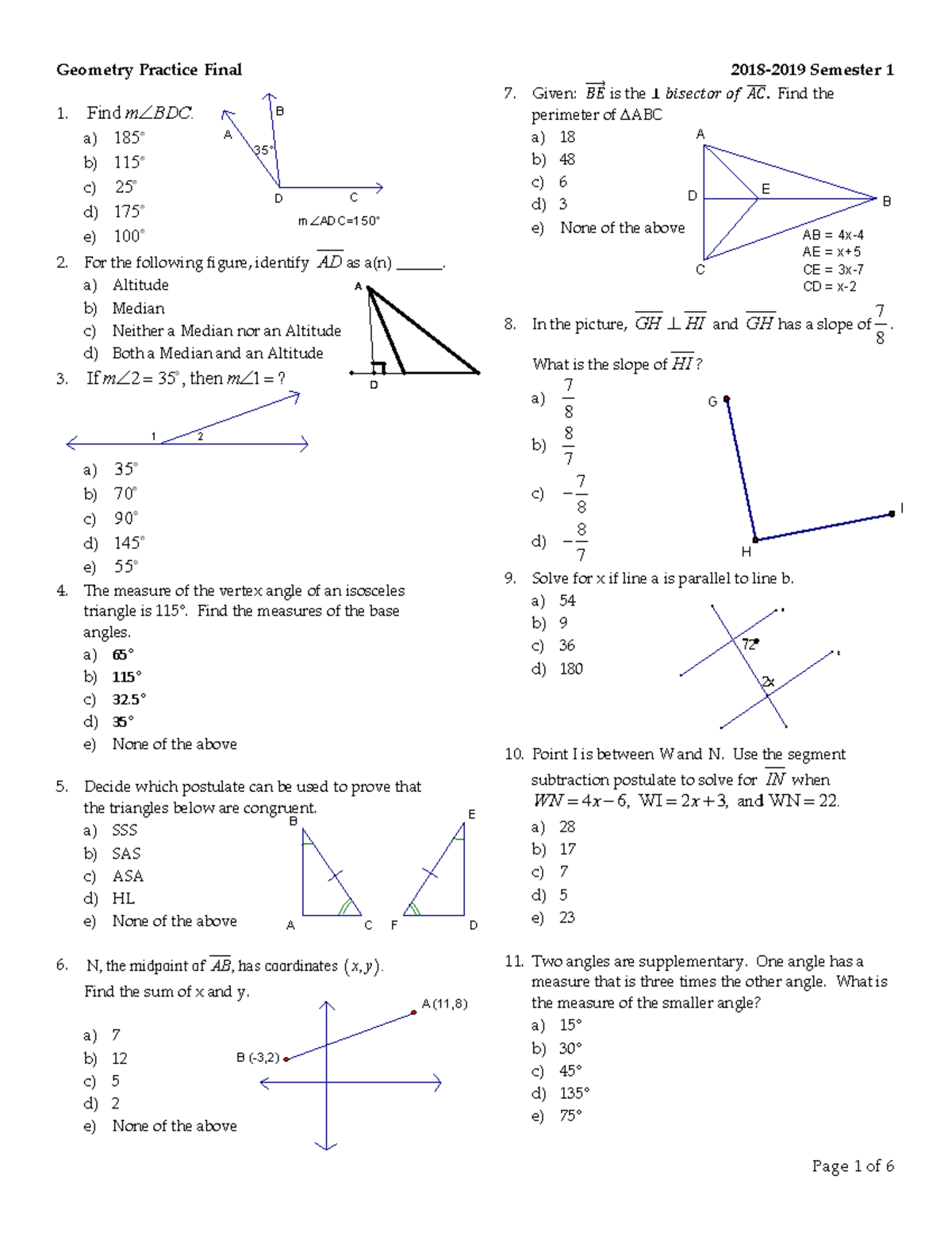 Honors Geometry Semester 1 Final Exam Review 2019-2020 - Studocu