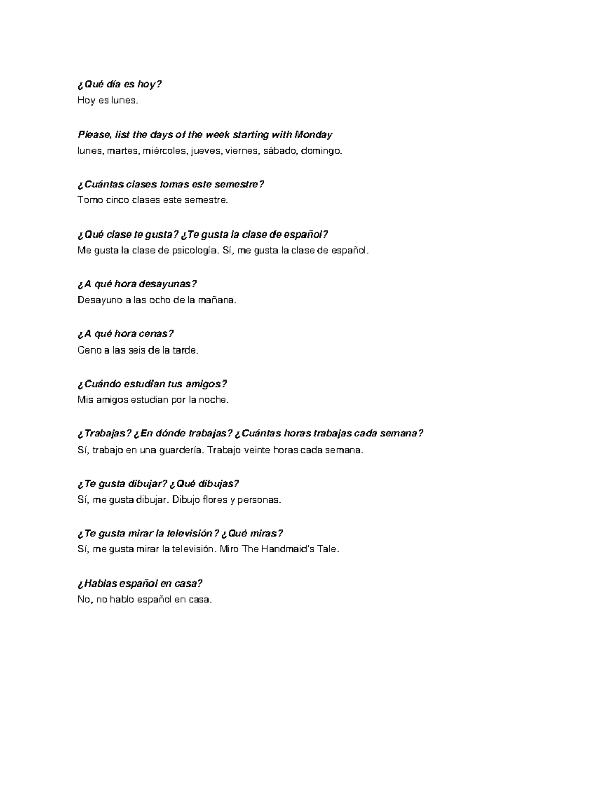 Conversational Spanish: Weekly Activities & Preferences (SPN101) - Studocu