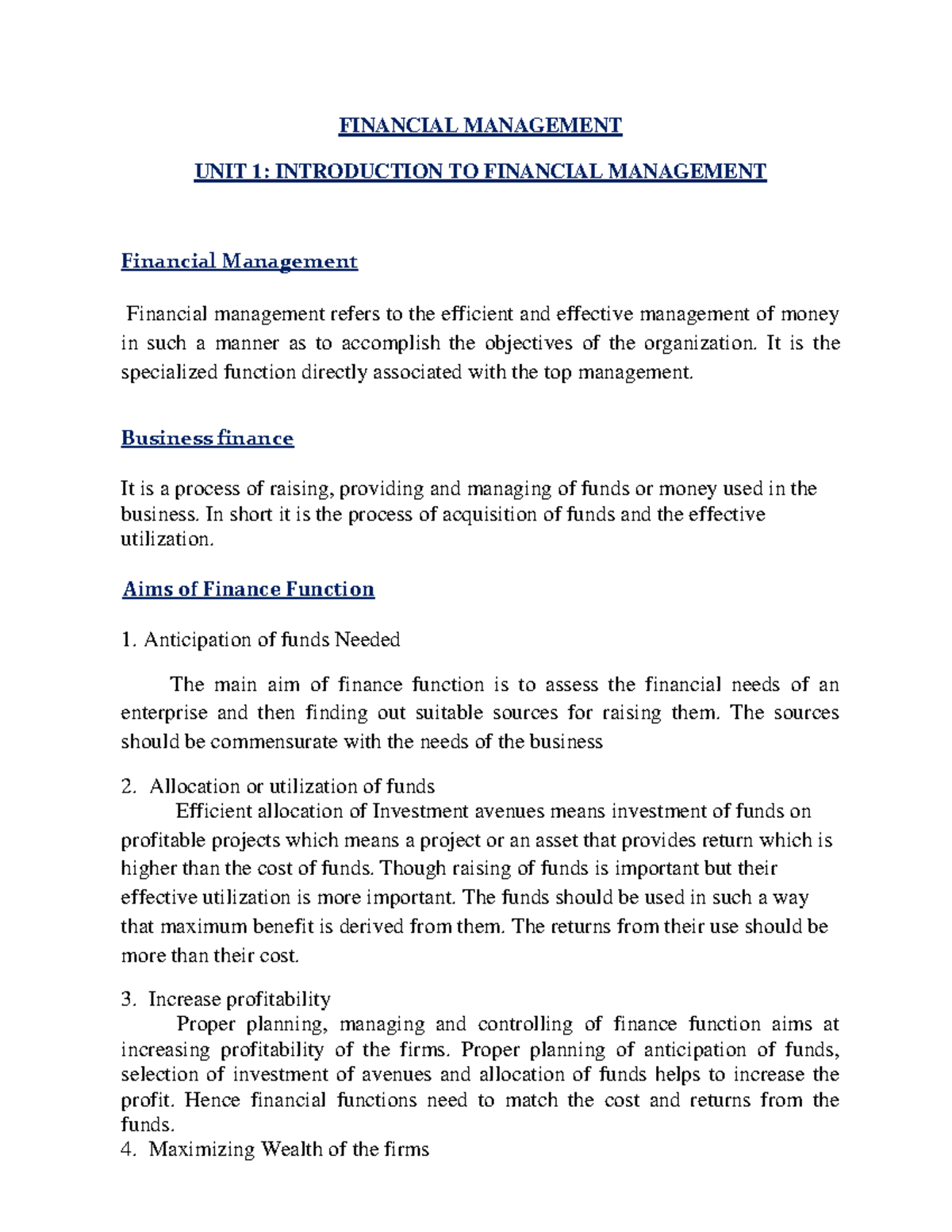 Introduction to Financial Management - FINANCIAL MANAGEMENT UNIT 1 ...