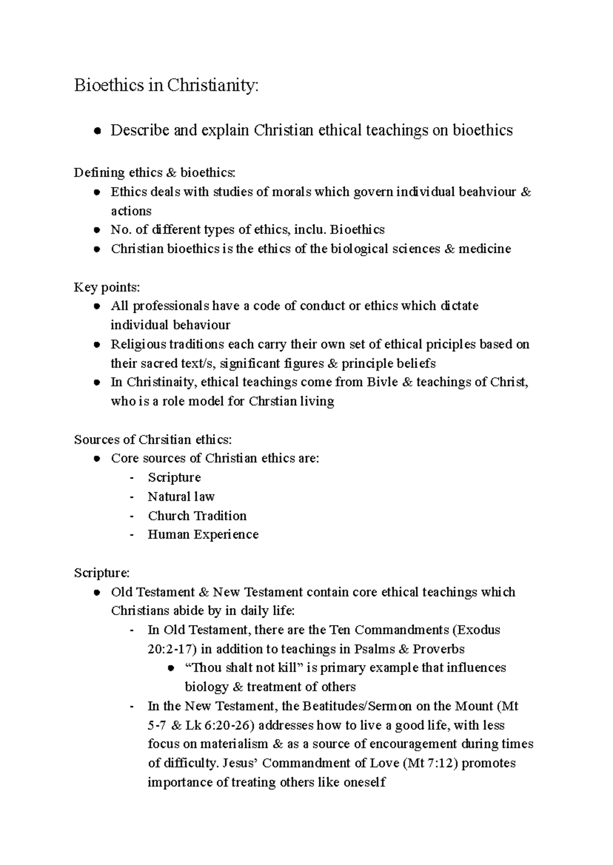 Bioethics from a Christian Perspective - SOR Notes - Studocu