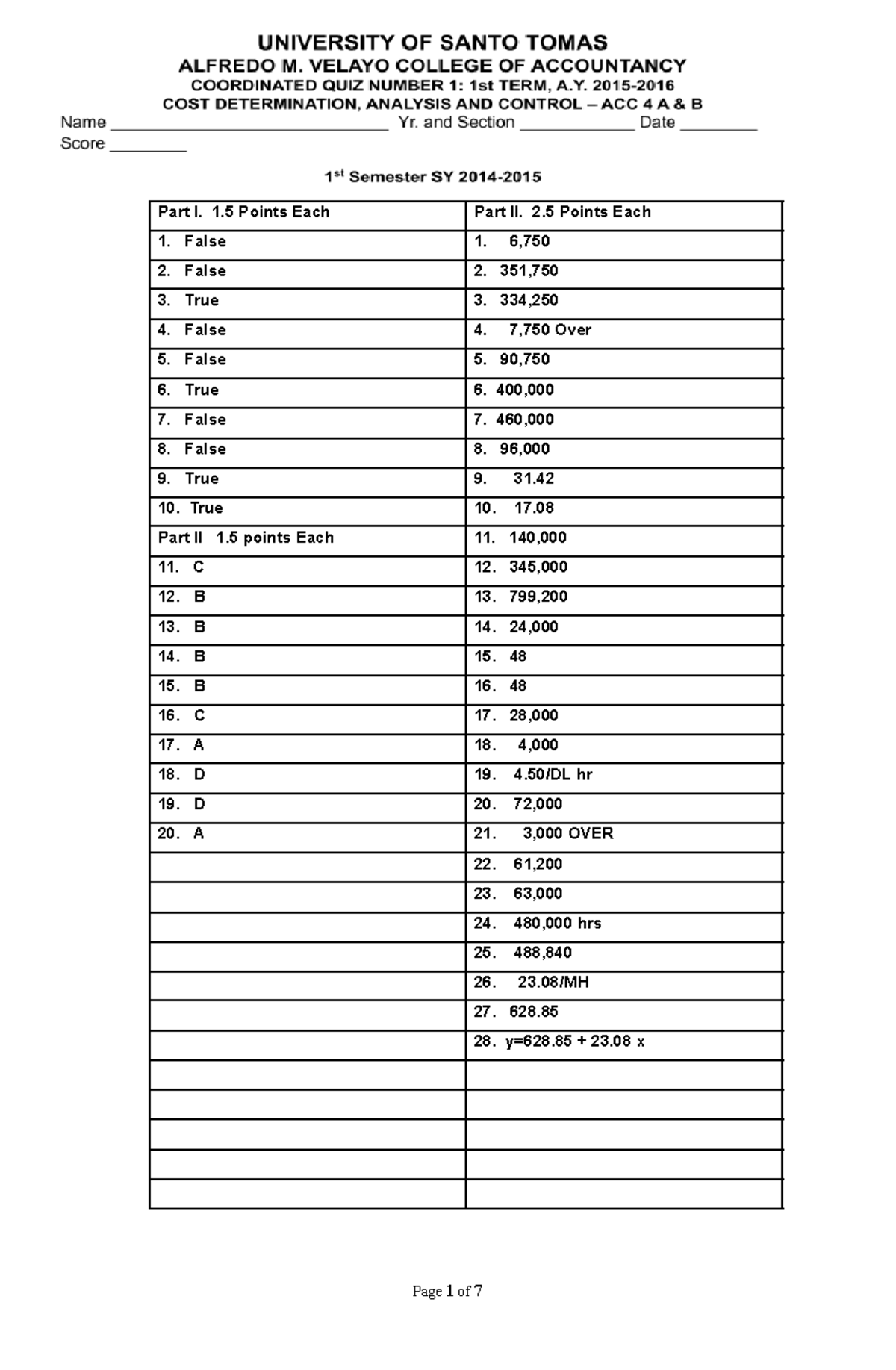 Cost Accounting Quiz 1: True/False & Multiple Choice Questions - Studocu