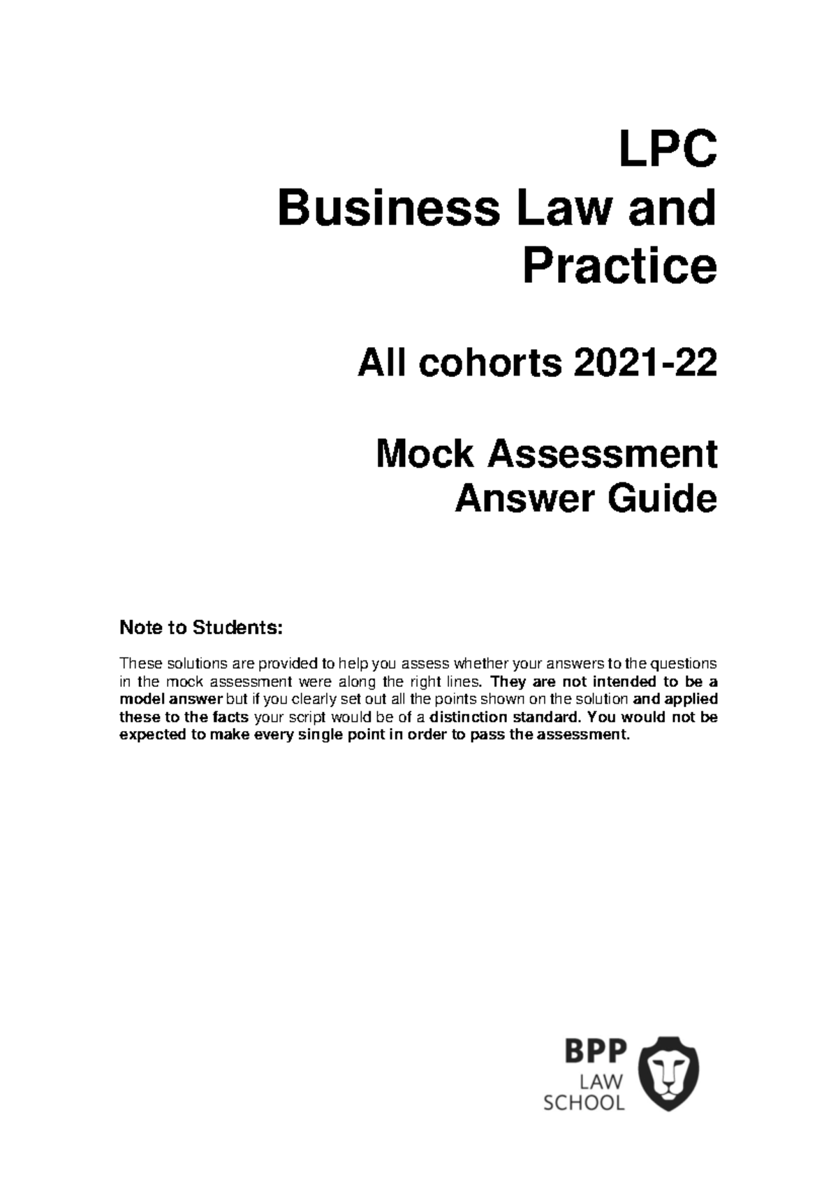 BLP Mock Assessment Suggested Solution 2021-22 - LPC Business Law and ...