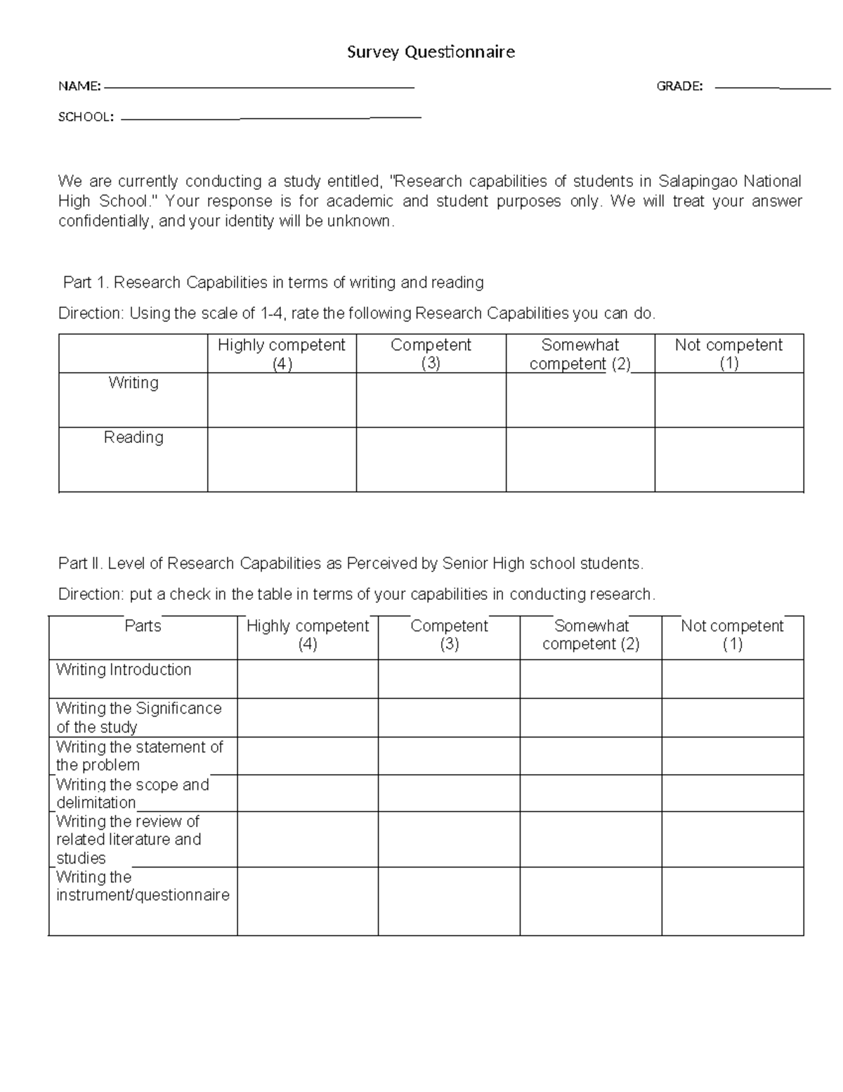Survey Questionnaire on Research Capabilities for SHS Students - Studocu
