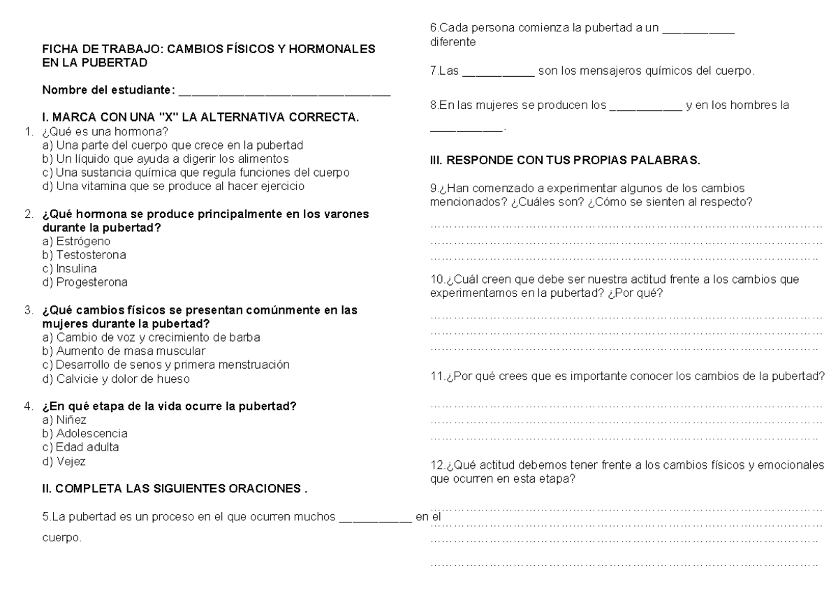 FICHA DE TRABAJO: CAMBIOS FÍSICOS Y HORMONALES EN LA PUBERTAD ...