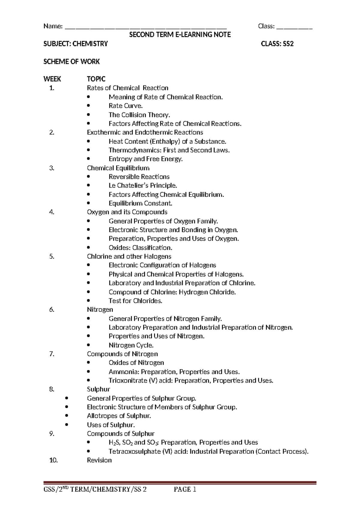 2ND TERM SCHEME OF WORK: CHEMISTRY FOR SS2 - Studocu