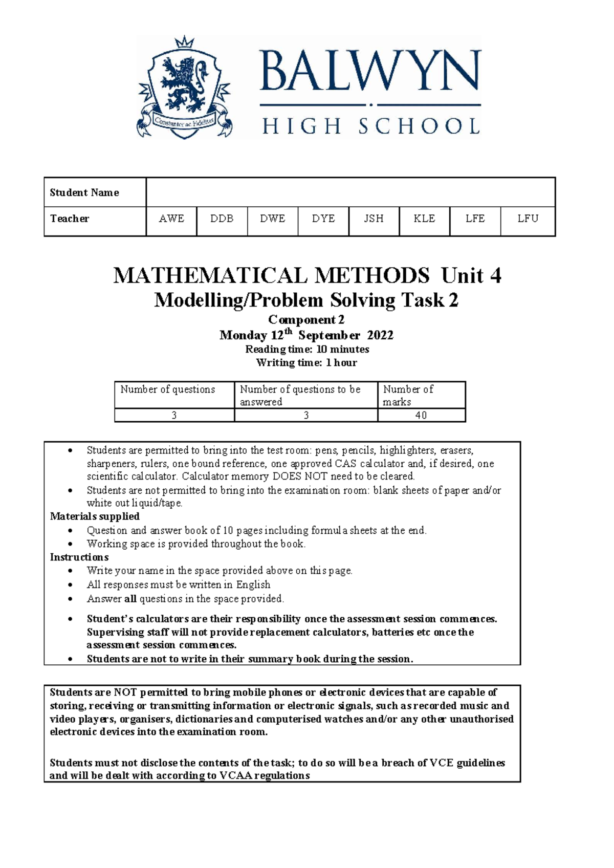 Mathematical Methods Unit 4 Exam Practice - Solving Task 2 - Studocu