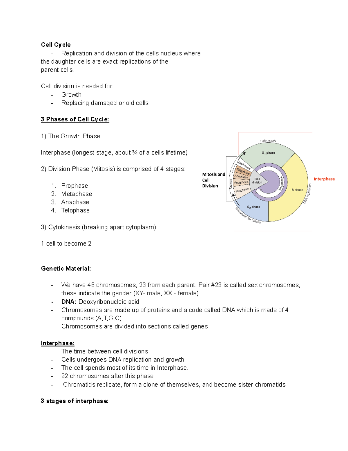 Genetics Notes Unit 1 - Cell Cycle - Replication and division of the ...