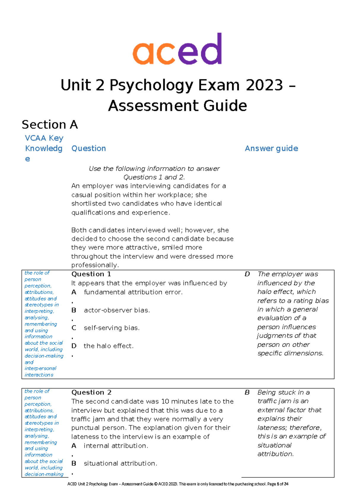 Sample Answers - Marian College Unit 2 Psychology Exam 2023 - Studocu
