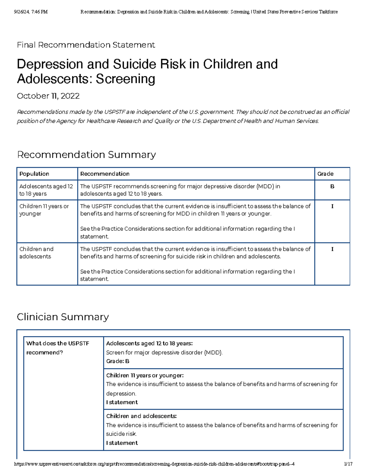 Recommendation: Screening for depression and suicide risk in children ...