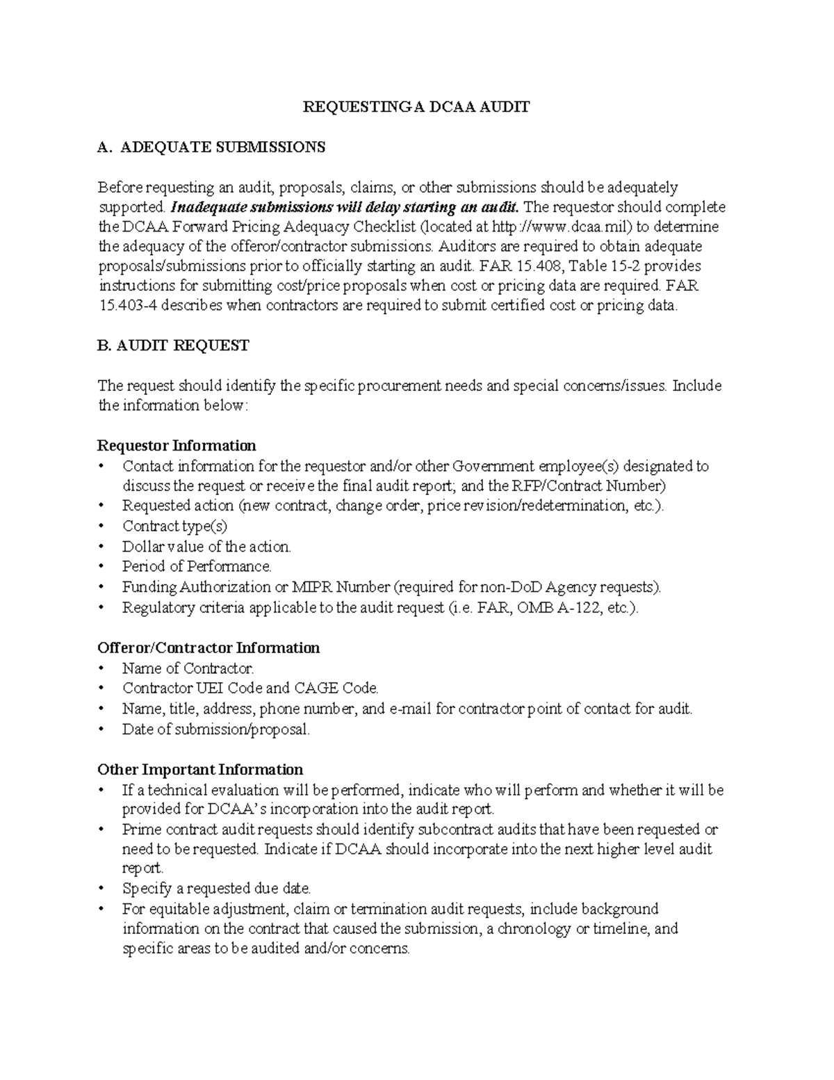 DCAA Audit Request Guidelines 0126 - Studocu