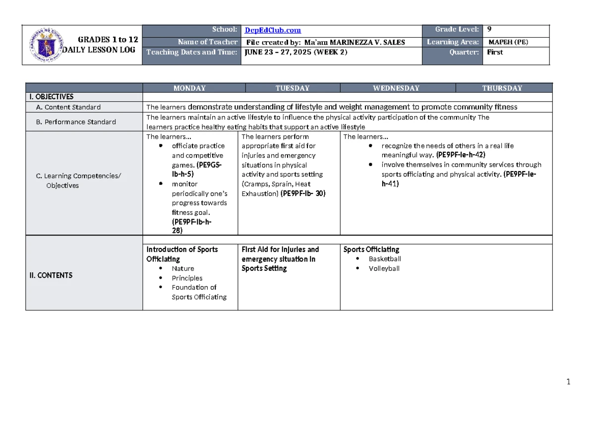 DLL MAPEH Health 9 - Week 2 Lesson Plan and Activities - Studocu