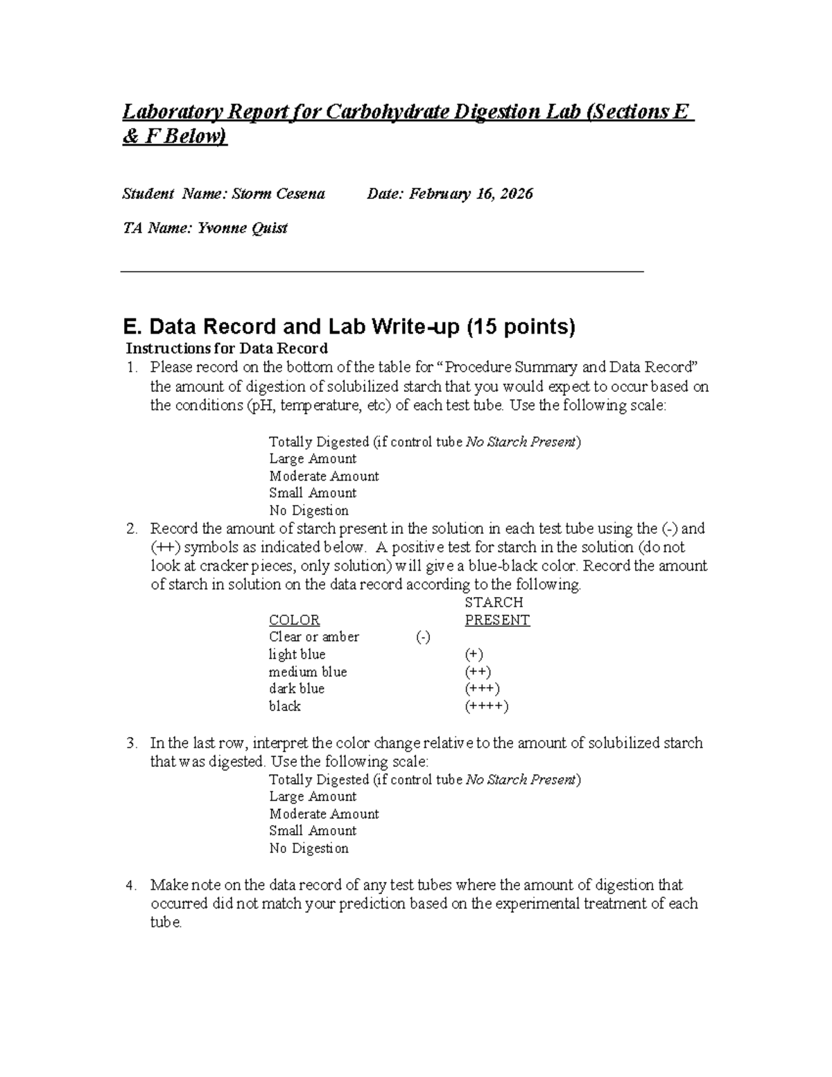 Laboratory Report: CHO Digestion Lab (Sections E & F) - Studocu