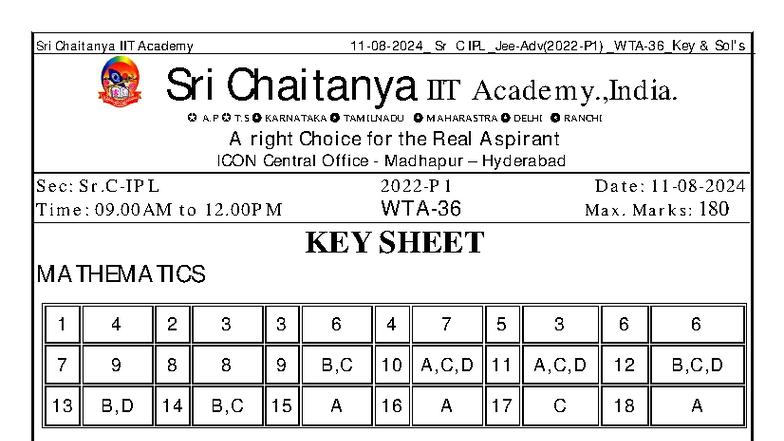 Sri Chaitanya IIT Academy Sr C IPL JEE Advanced 2022 Paper 1 Key ...