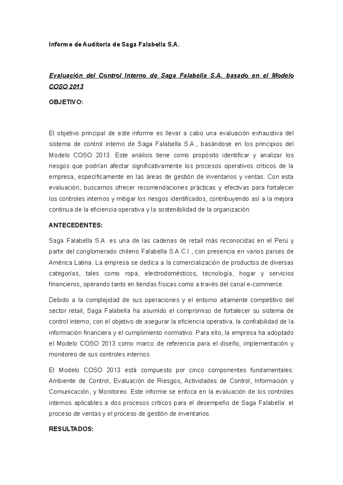 Informe de Auditoría: Control Interno en Saga Falabella S.A. según COSO ...