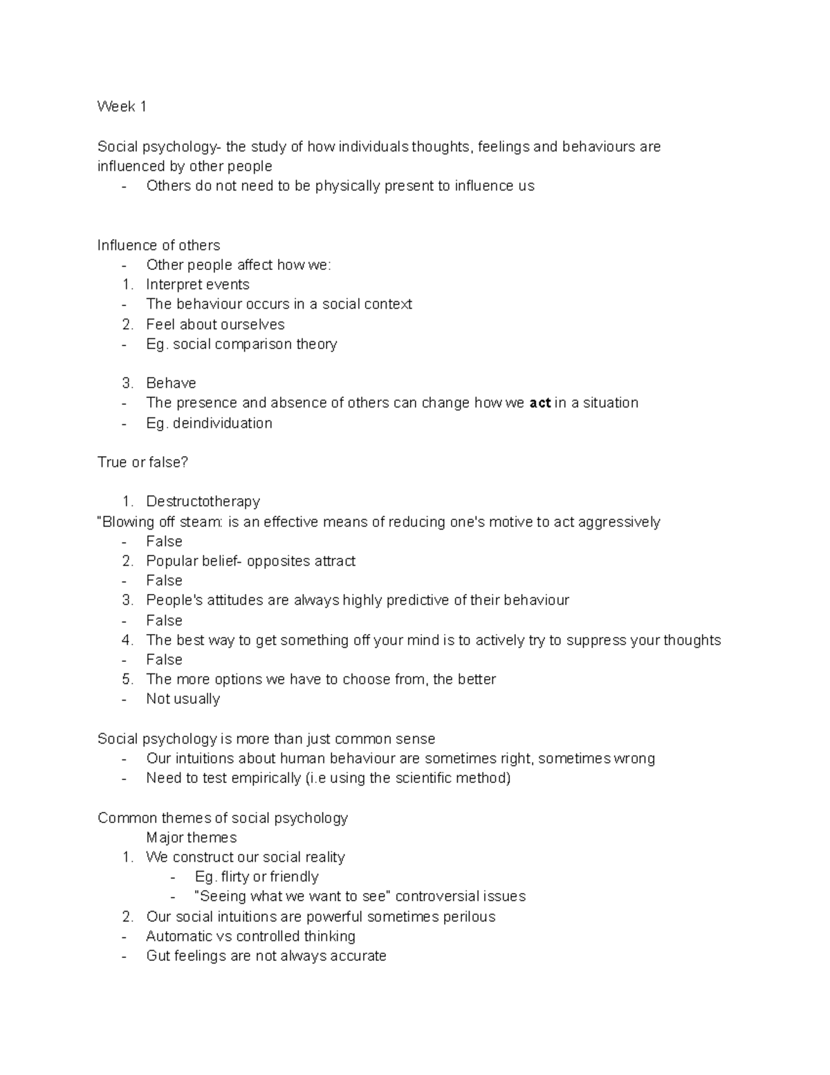 Intro to social psych - Week 1 Social psychology- the study of how ...