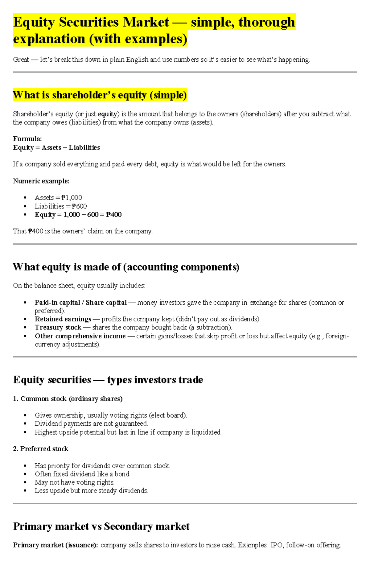 Equity Securities Market (FIN 101): A Simple Guide with Examples - Studocu