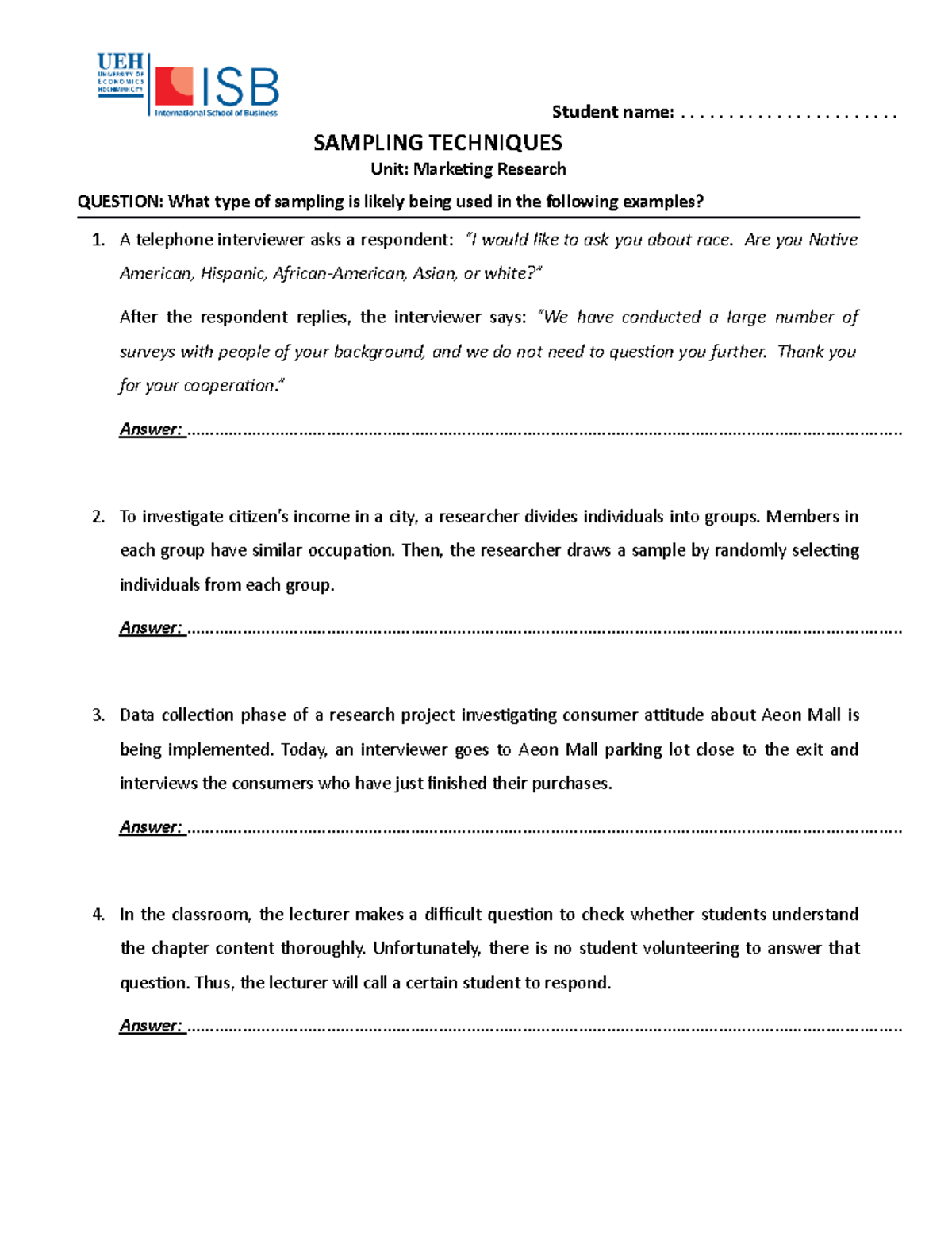 Sampling Techniques Examples - Answer Notes for Marketing Research ...