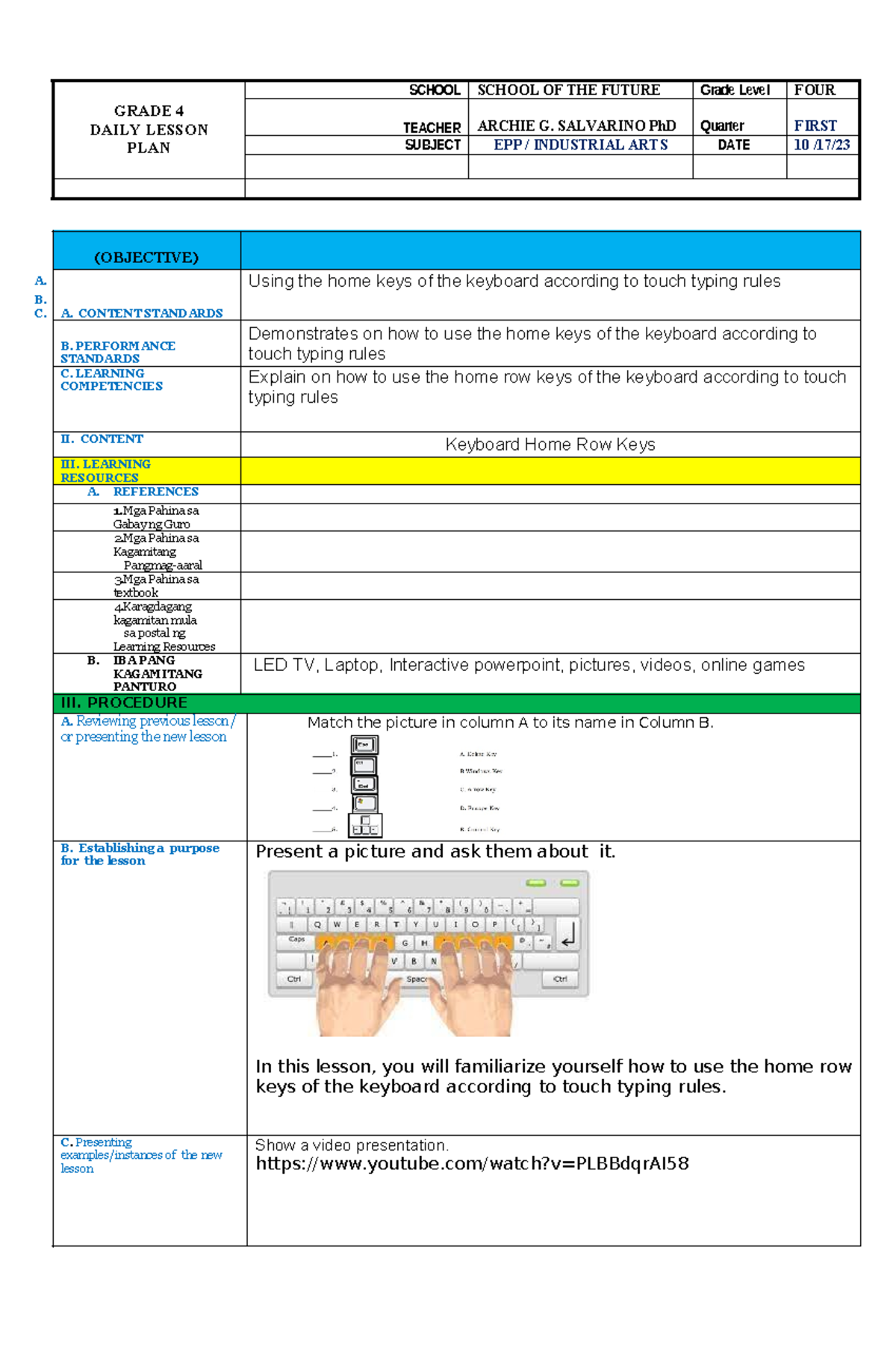 COT SSES EPP 4 - Daily Lesson Plan on Touch Typing Skills - Studocu