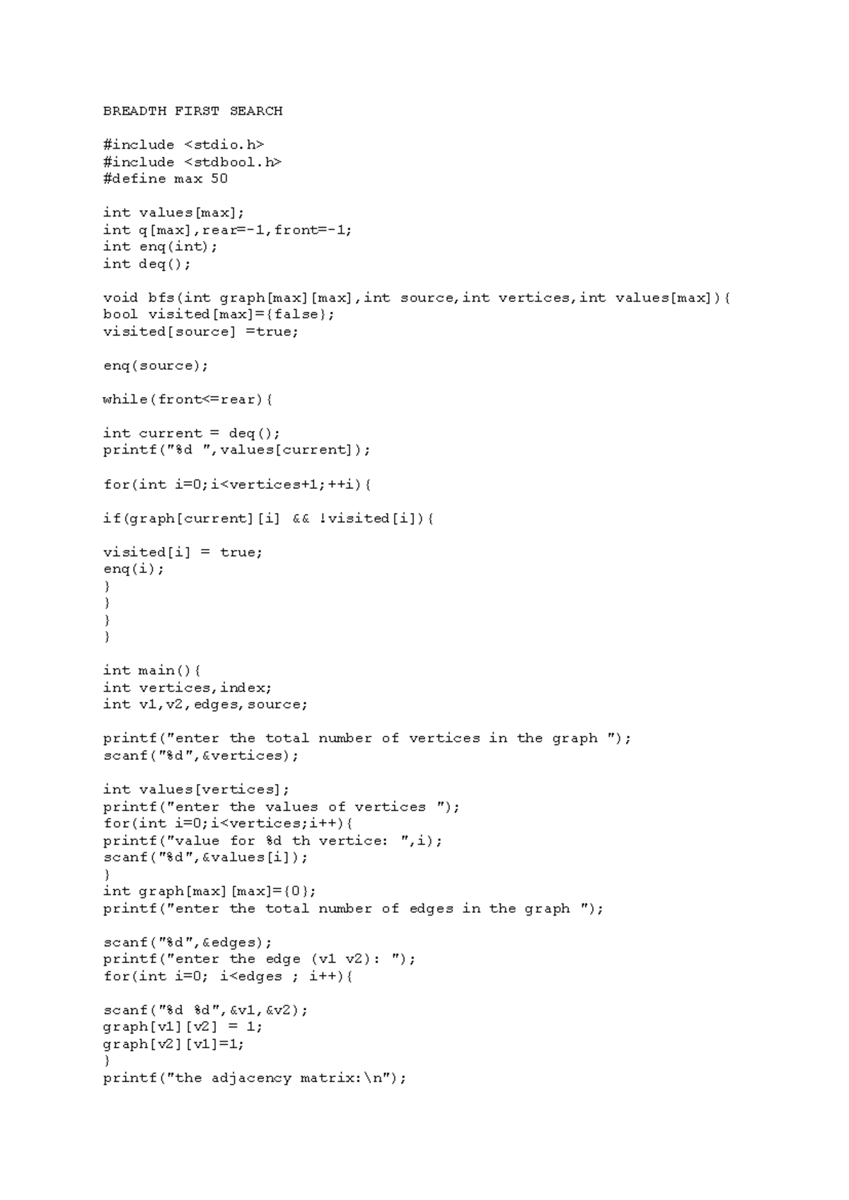 BFS Algorithm Implementation in C Programming - Studocu