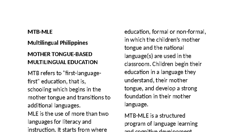 MTBMLE: Mother Tongue-Based Multilingual Education in the Philippines ...