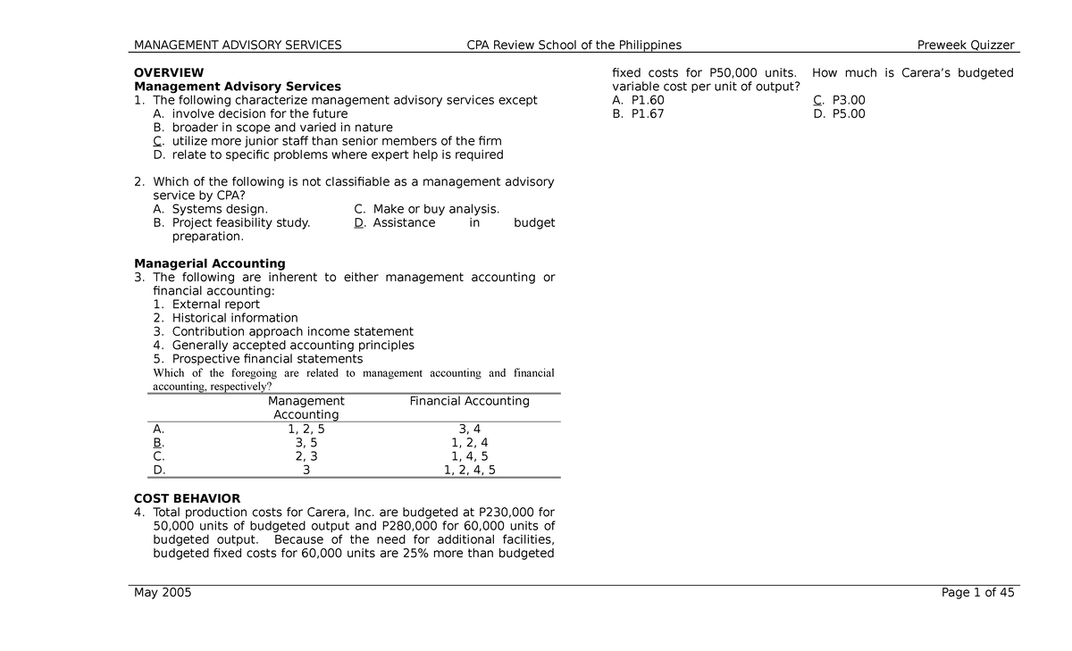 MAS Preweek - OVERVIEW Management Advisory Services 1. The following ...