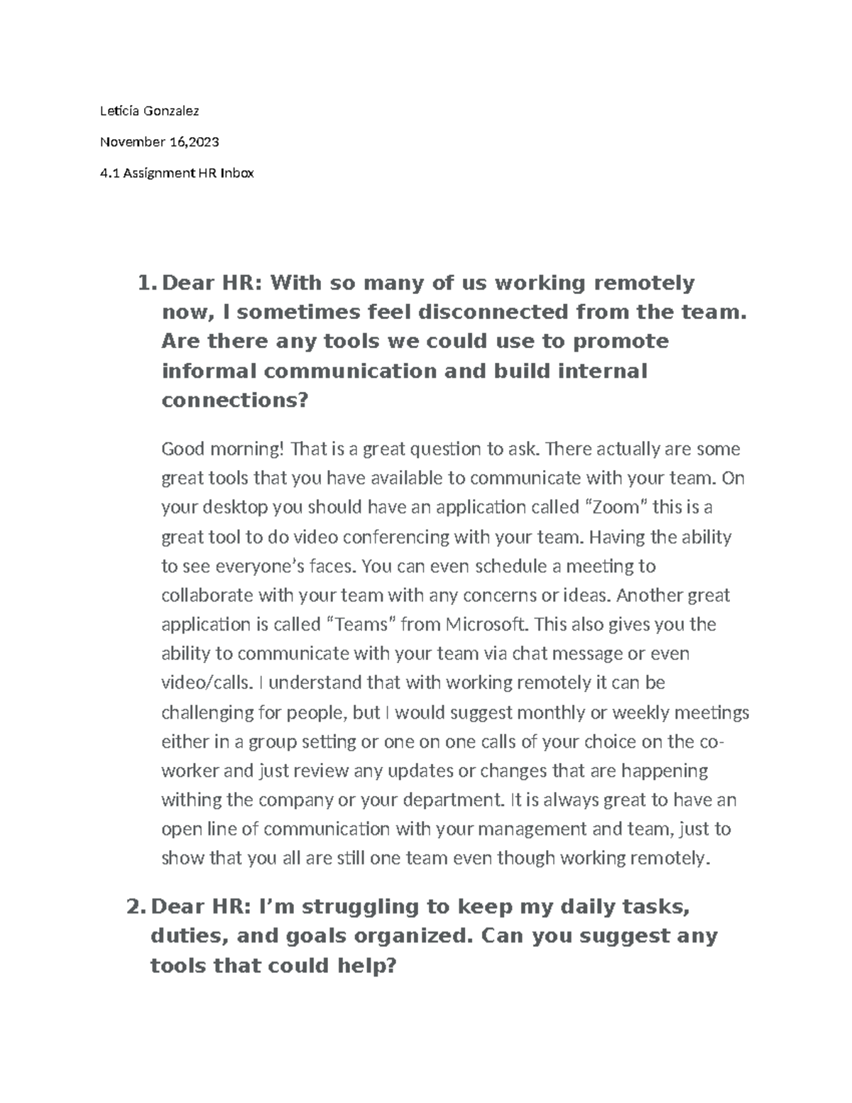 Hr inbox 4 - Leticia Gonzalez November 16, 4 Assignment HR Inbox 1 ...