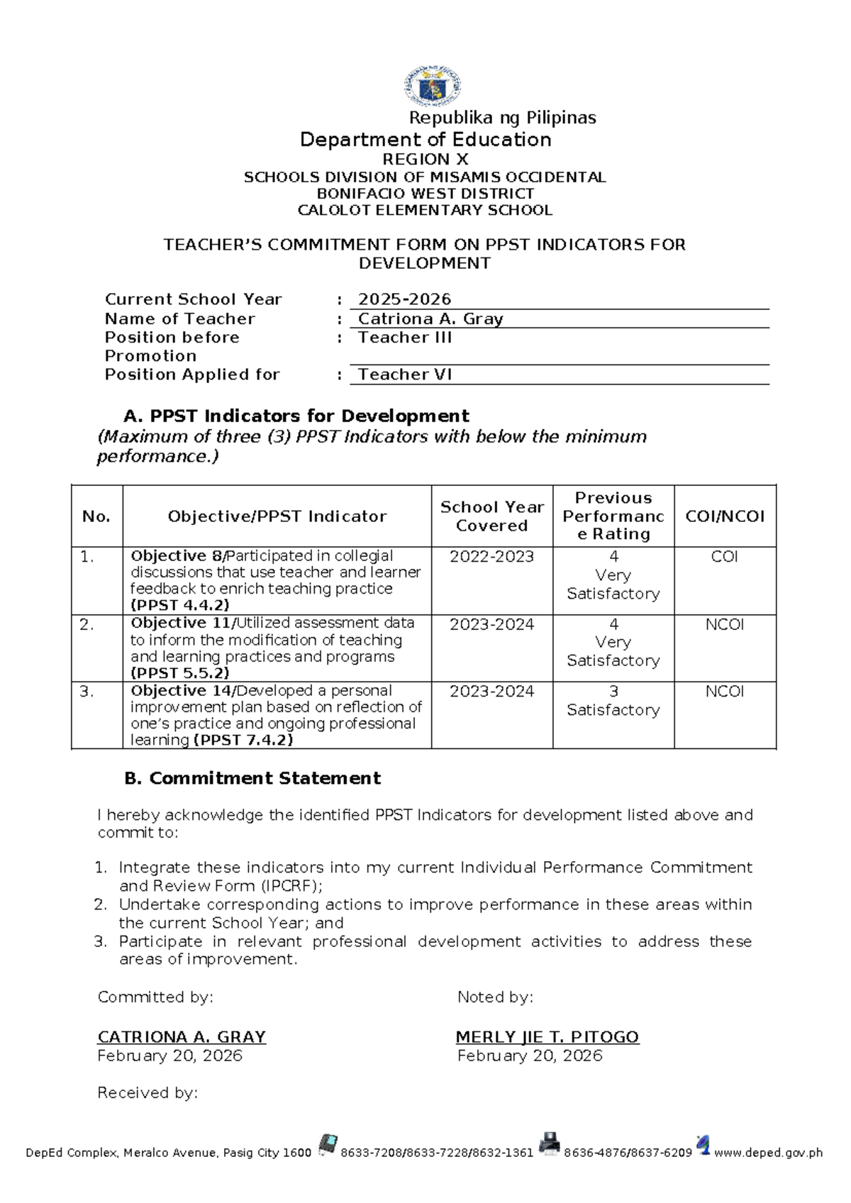 PPST Development Commitment Form for Teacher VI - Catriona A. Gray ...
