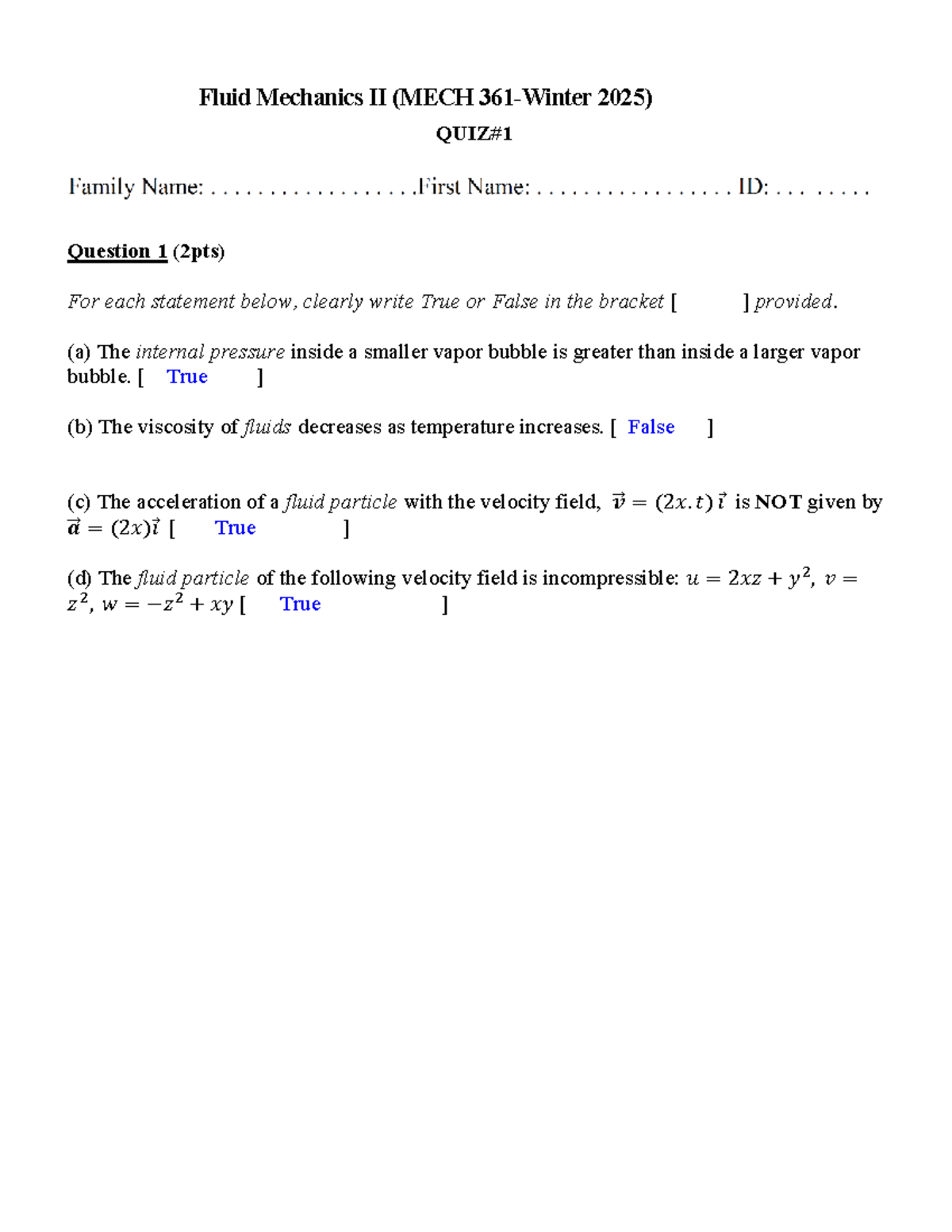 Fluid Mechanics II (MECH 2025) Quiz 1 answers and solutions - Studocu