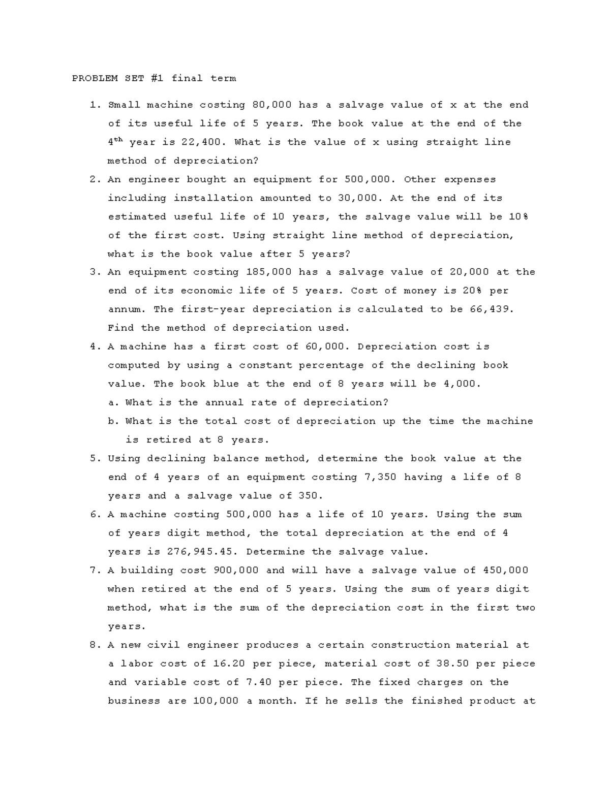 Problem Set Final Term - Depreciation Methods & Calculations - Studocu