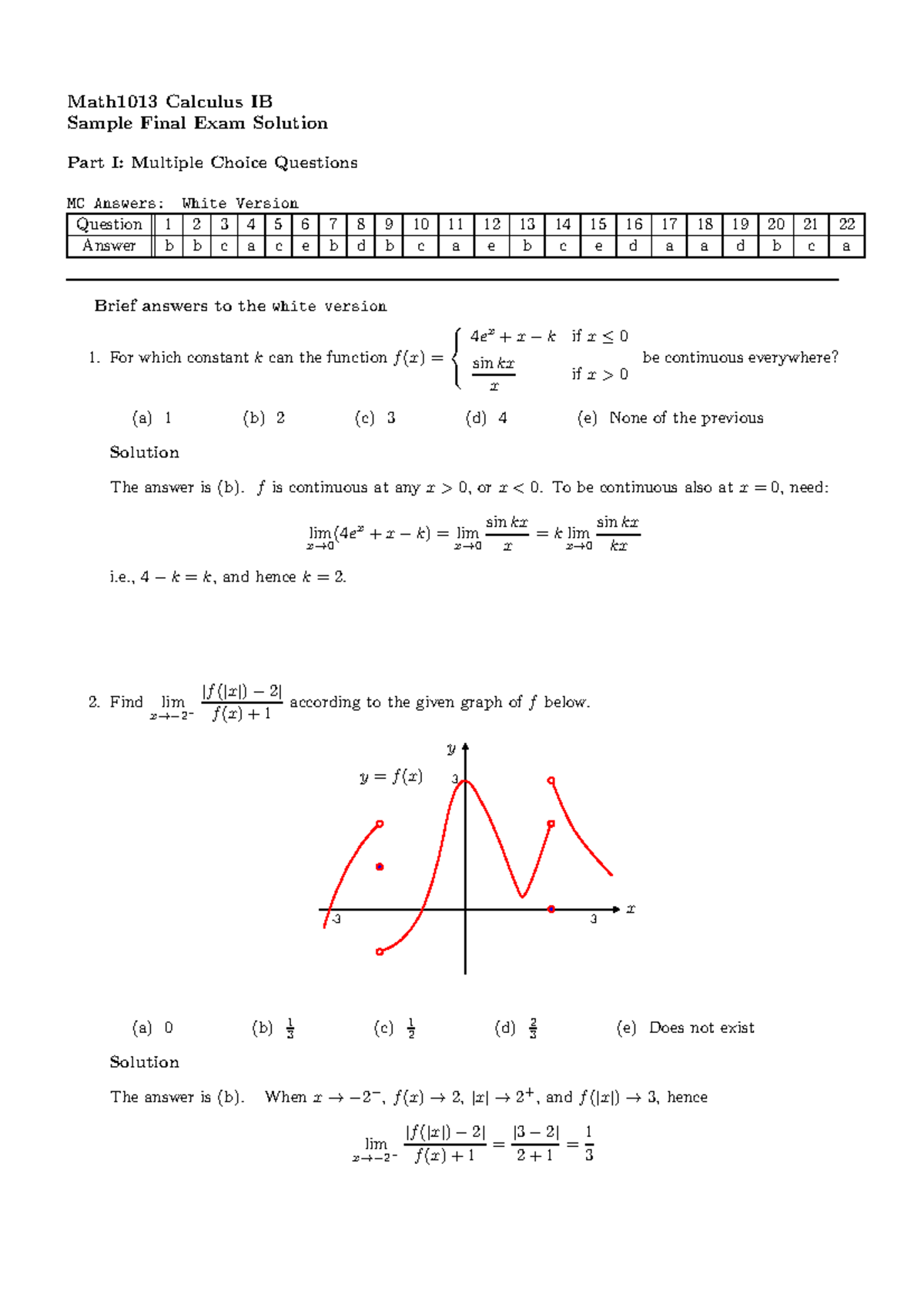 Math1013 Sample Final Exam Solutions and Answers - Studocu
