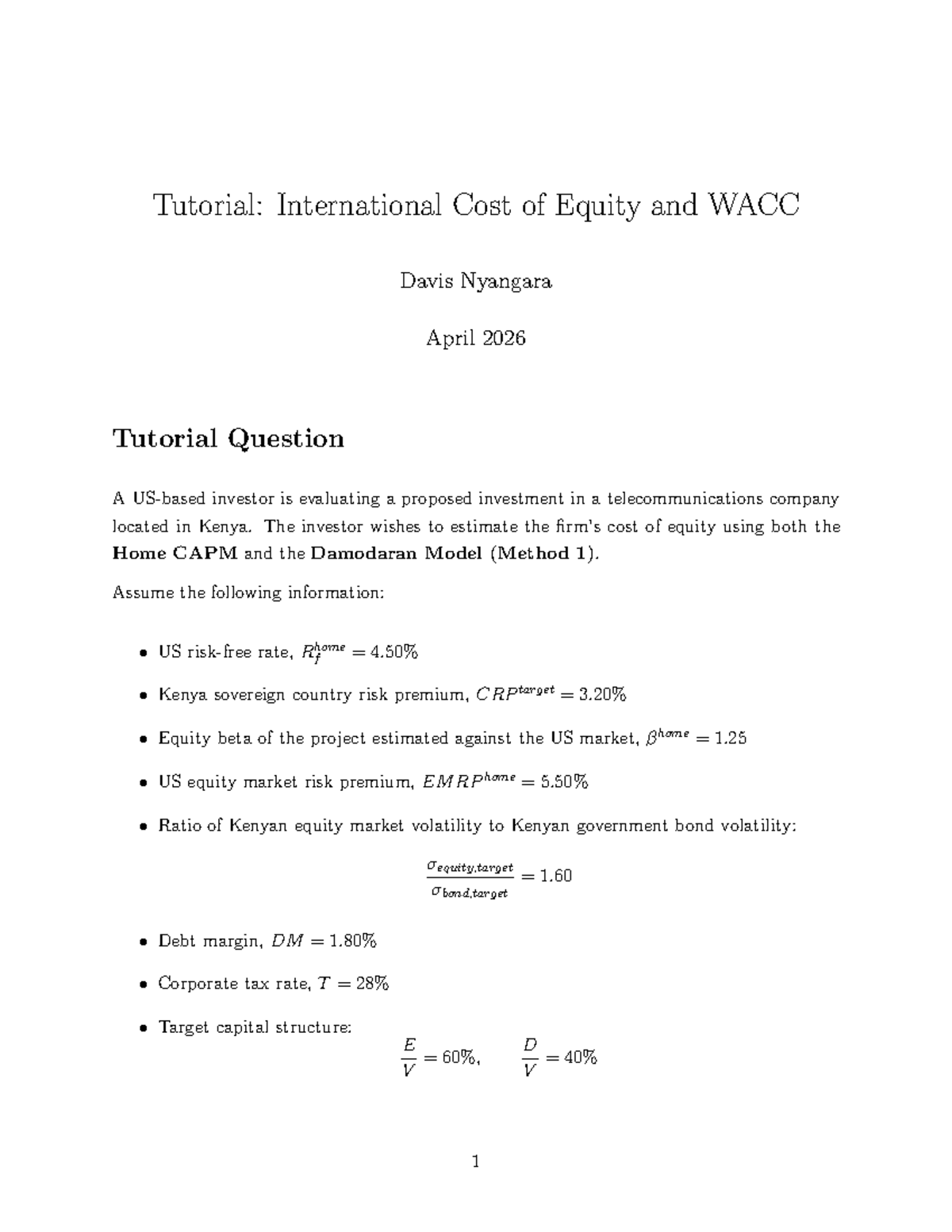 Tutorial: International Cost of Equity and WACC - Studocu