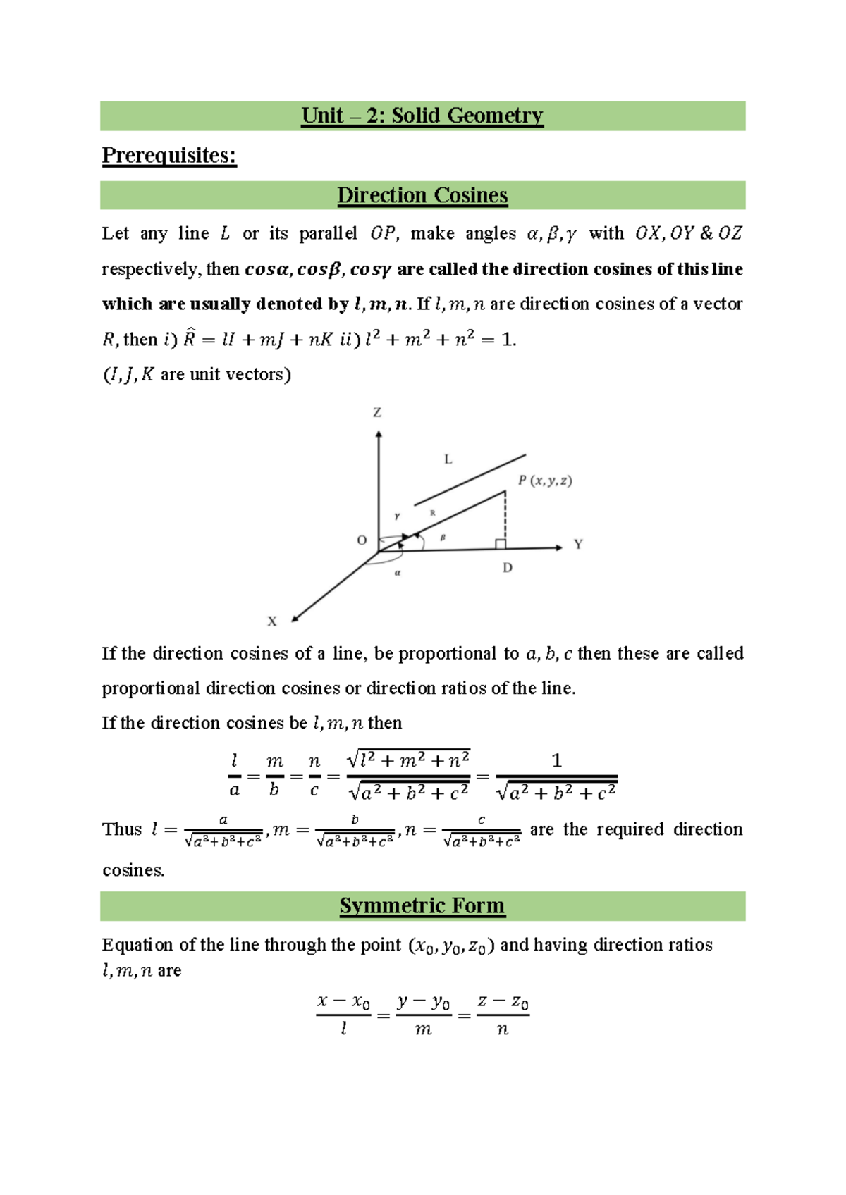Unit 2: Solid Geometry - Direction Cosines and Sphere Equations - Studocu