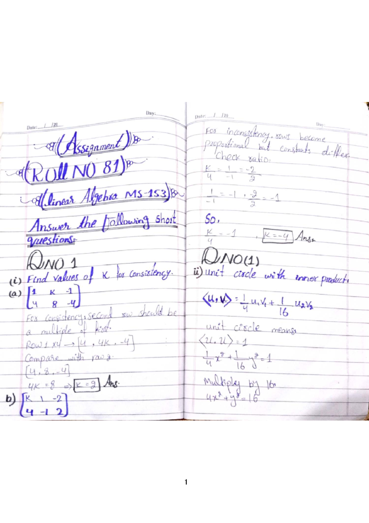 Linear Algebra Assignment 100: Past Paper Solutions for Roll No 81 ...