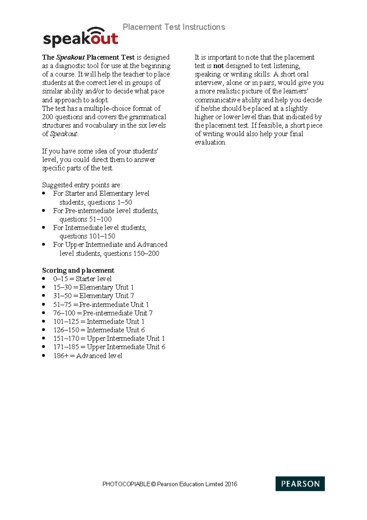 Speakout 2nd Ed Placement Test Instructions & Levels Overview - Studocu