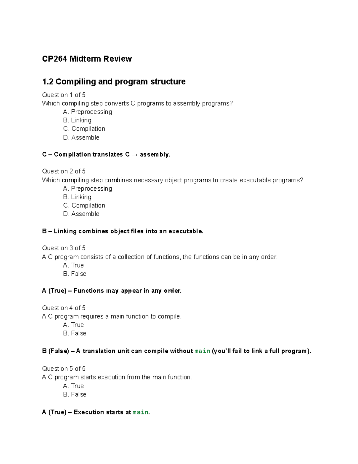 CP264 Midterm Full Review Questions on Compiling, Data Types, and Functions - Document Preview