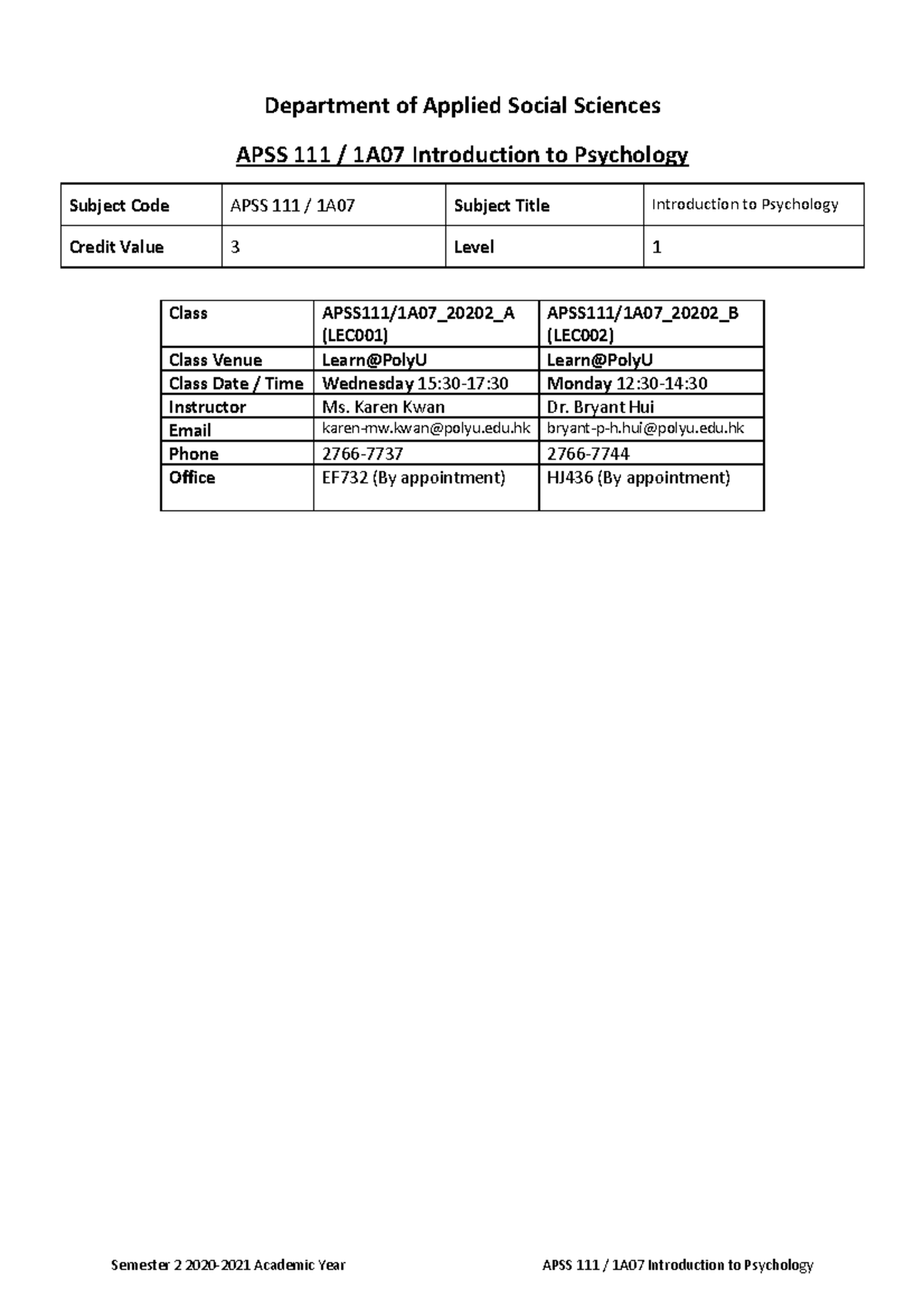 APSS 111/1A07 Syllabus: Introduction to Psychology Overview 2021 - Studocu
