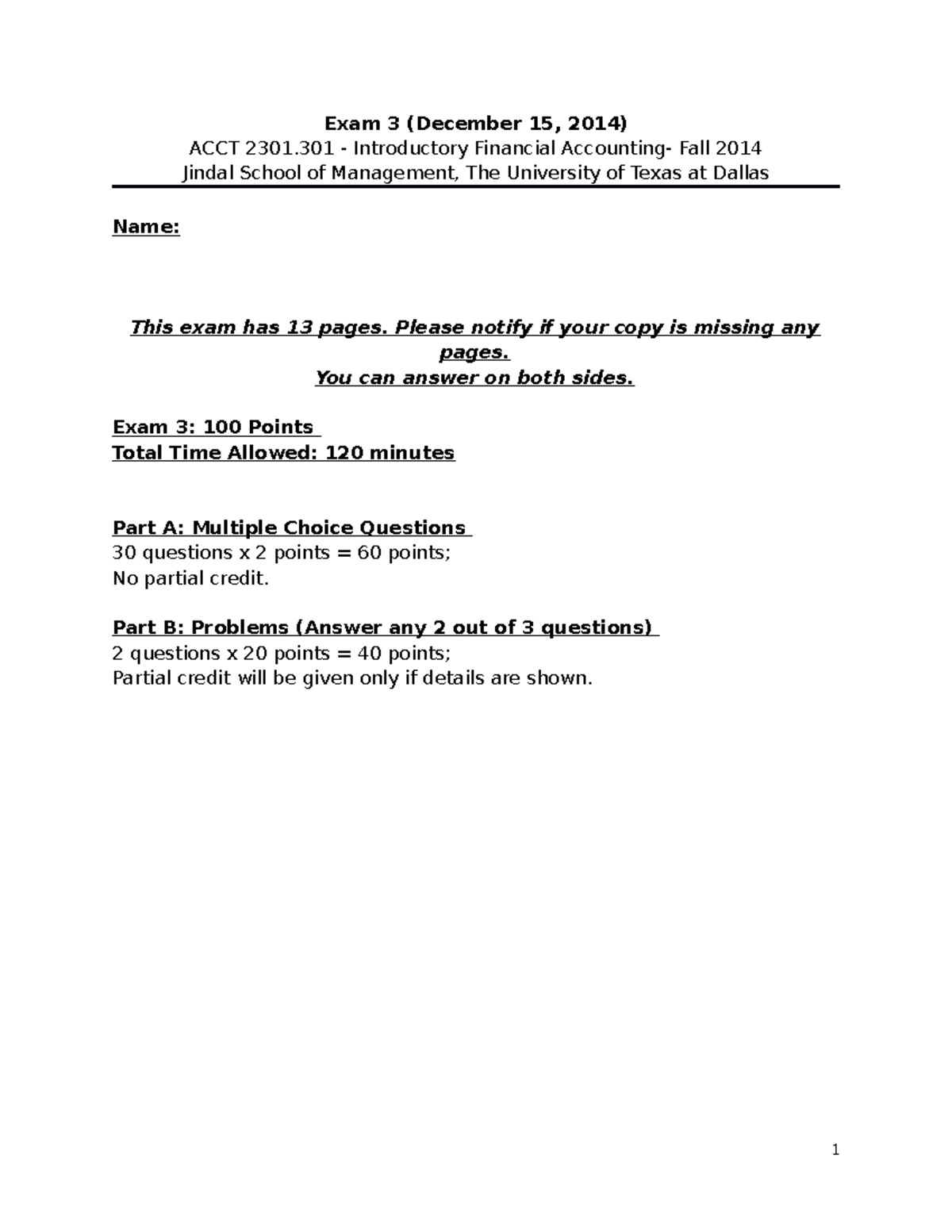 ACCT2301 Exam3 #3 - practice exam - Exam 3 (December 15, 2014) ACCT ...