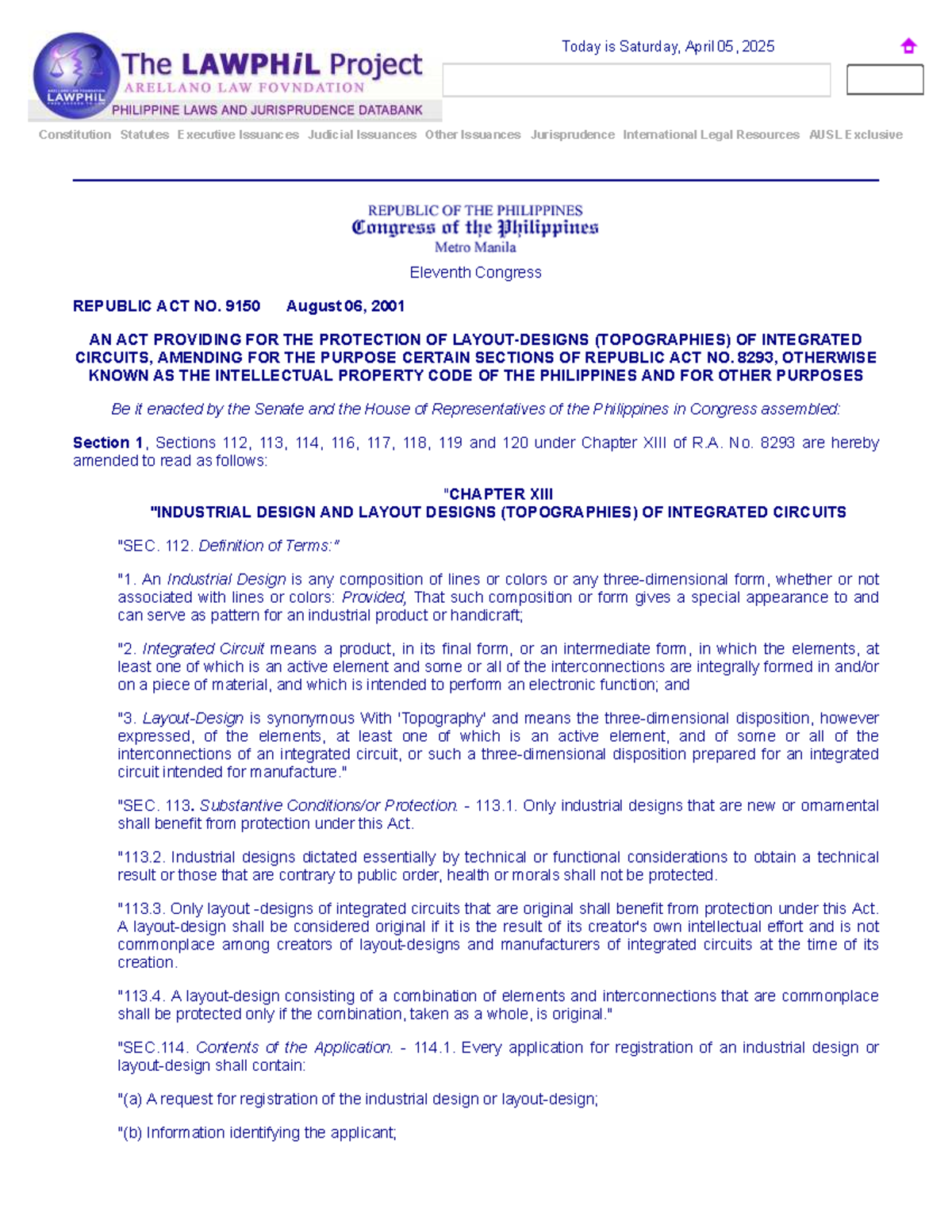 R.A. 9150 - An act on the protection of integrated circuit topographies ...