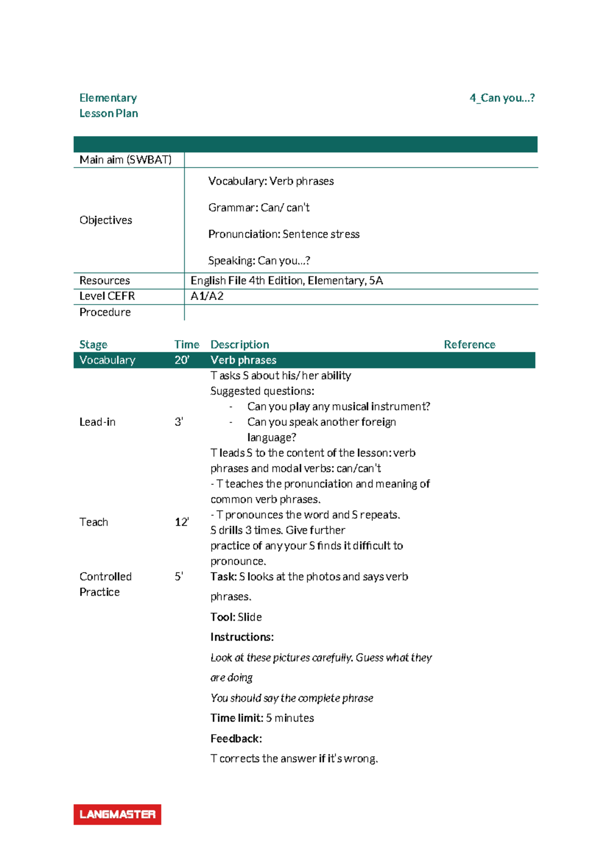 [LMC] Level 2 Lesson 4 Lesson plan - Elementary Lesson Plan 4_Can you ...