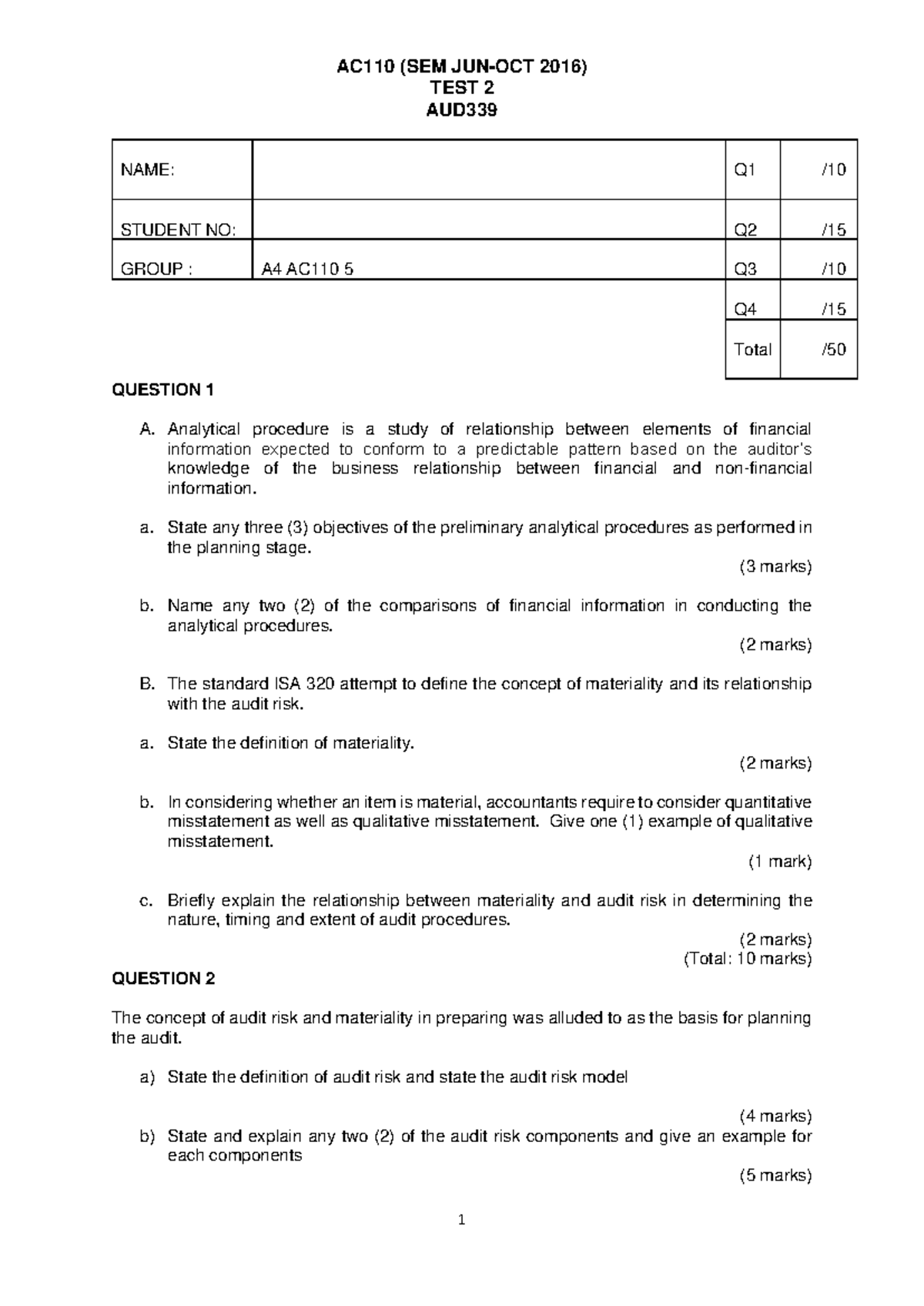 AC110 (SEM 2016) Test 2 AUD339: Audit Risk & Materiality Analysis - Studocu