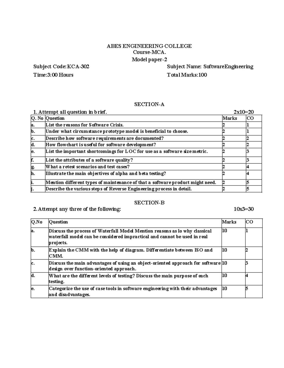 KCA302-Software Engineering Model Paper 2 for MCA Course - Studocu