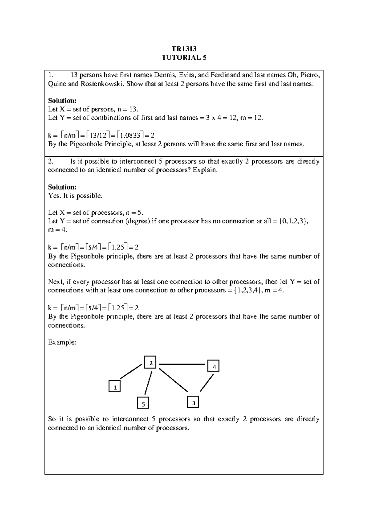TR1313 TUTORIAL 5 SOLUTIONS - Pigeonhole Principle Applications - Studocu