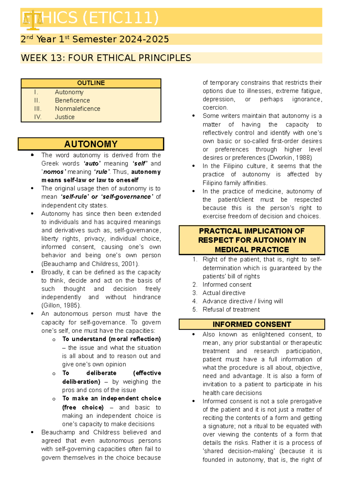 ETHICS 2nd Year 1st Semester WEEK 13: Four Ethical Principles Overview ...