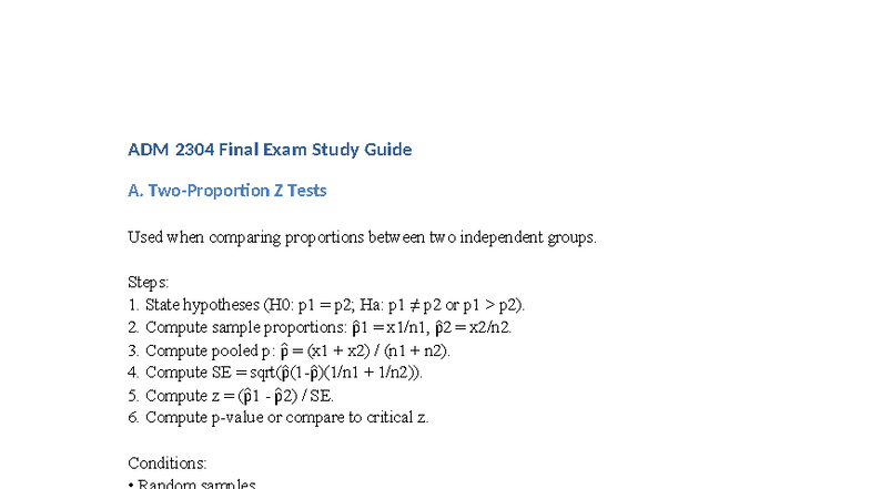 ADM 2304 Final Exam Study Guide: Statistical Tests Overview - Studocu