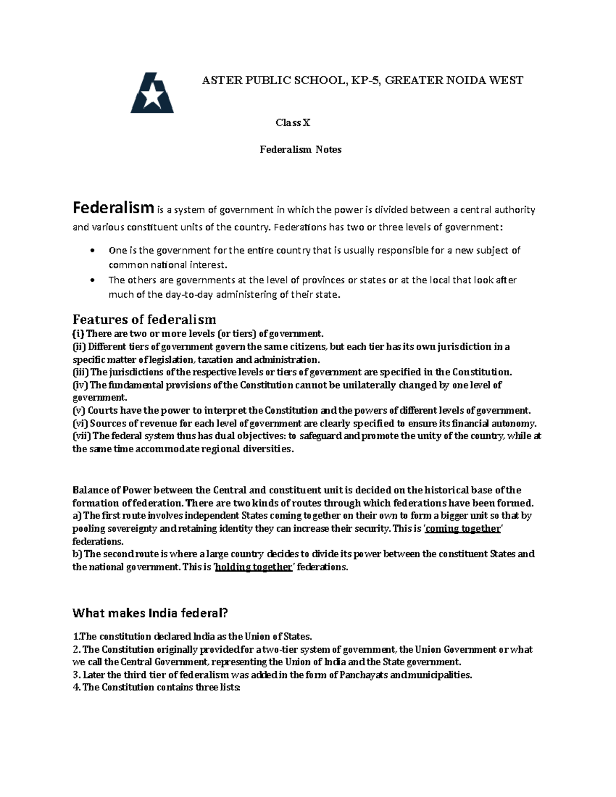 Federalism Notes - xcz - ASTER PUBLIC SCHOOL, KP-5, GREATER NOIDA WEST ...