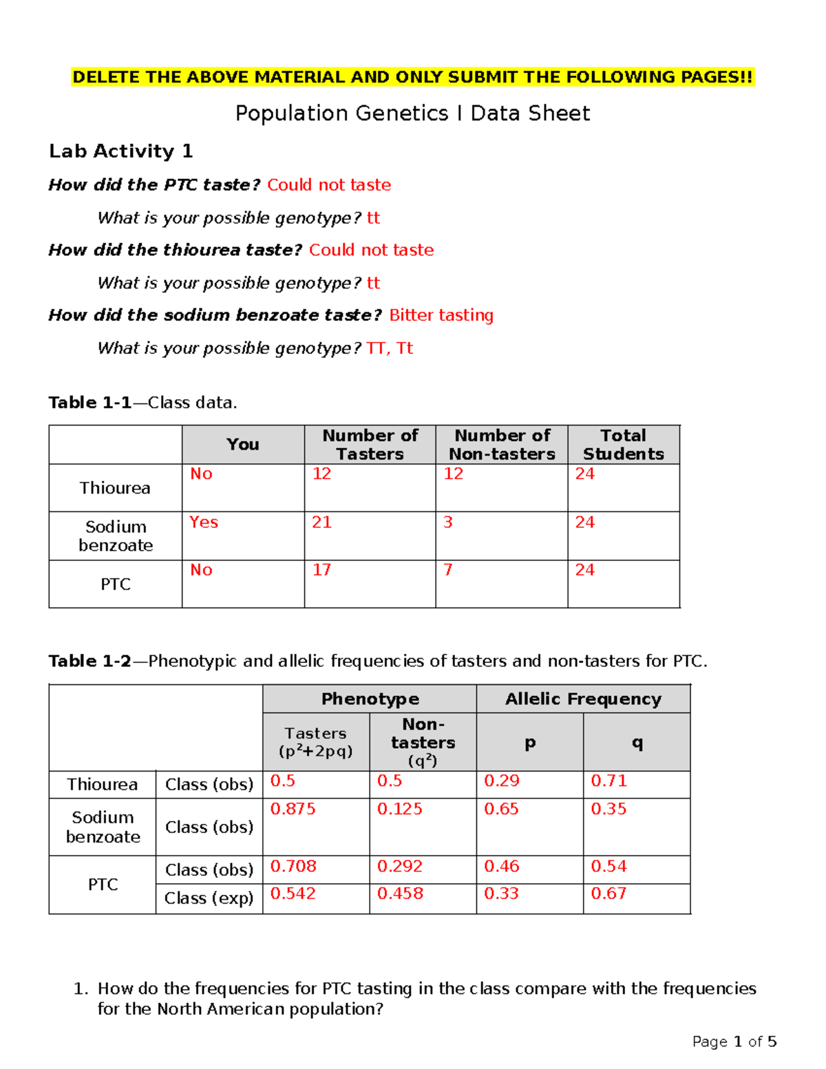 Lab 1: Population genetics data sheet and analysis activity - Studocu