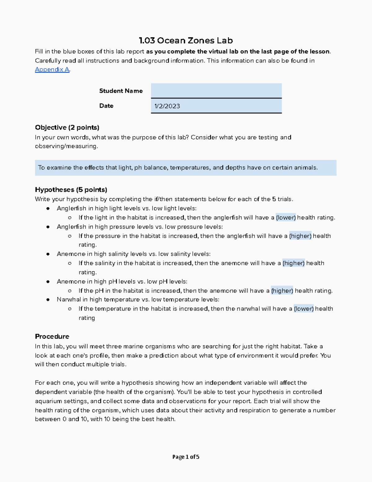 1.03 Ocean Zones Lab Report Template - Marine Organisms Analysis - Studocu