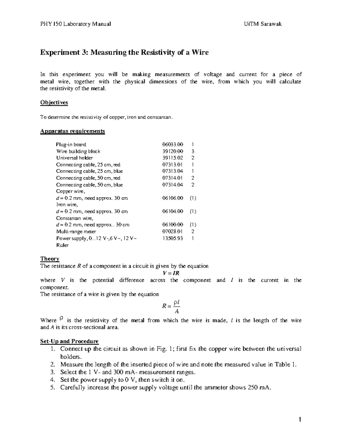 Experiment 3: Measuring Resistivity in PHY150 Lab 2023 - Studocu