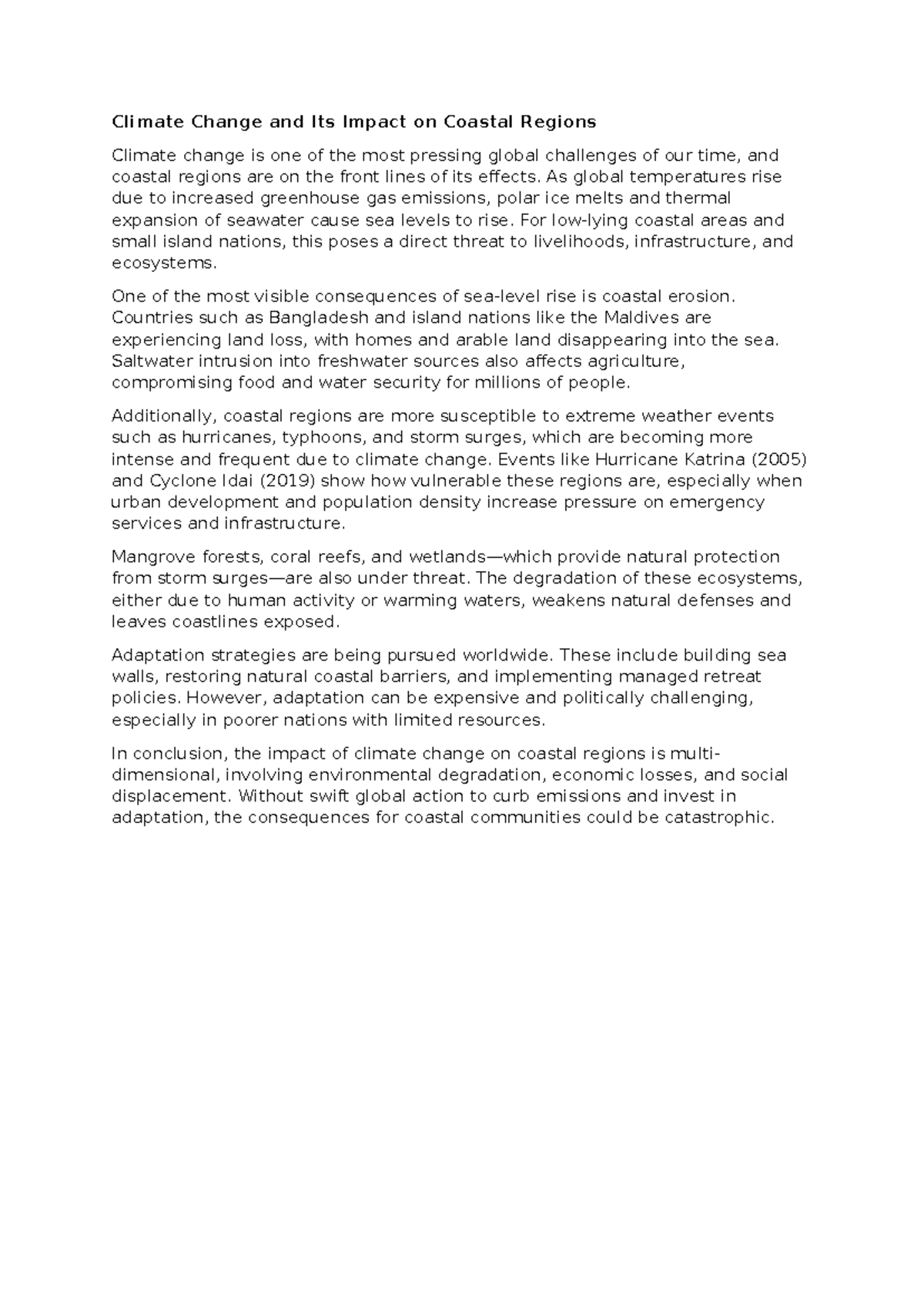 Climate Change and Its Impact on Coastal Regions - As global ...